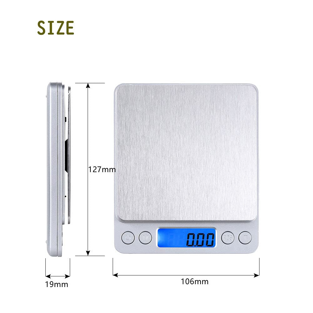 Small Digital Scale,3Kg/0.1G,6.6Lb,Kitchen Scale,Food Scale,With Blue Backlit LCD Display, 6 Units, Auto Off, Tare, PCS Function, Stainless Steel, Battery Included