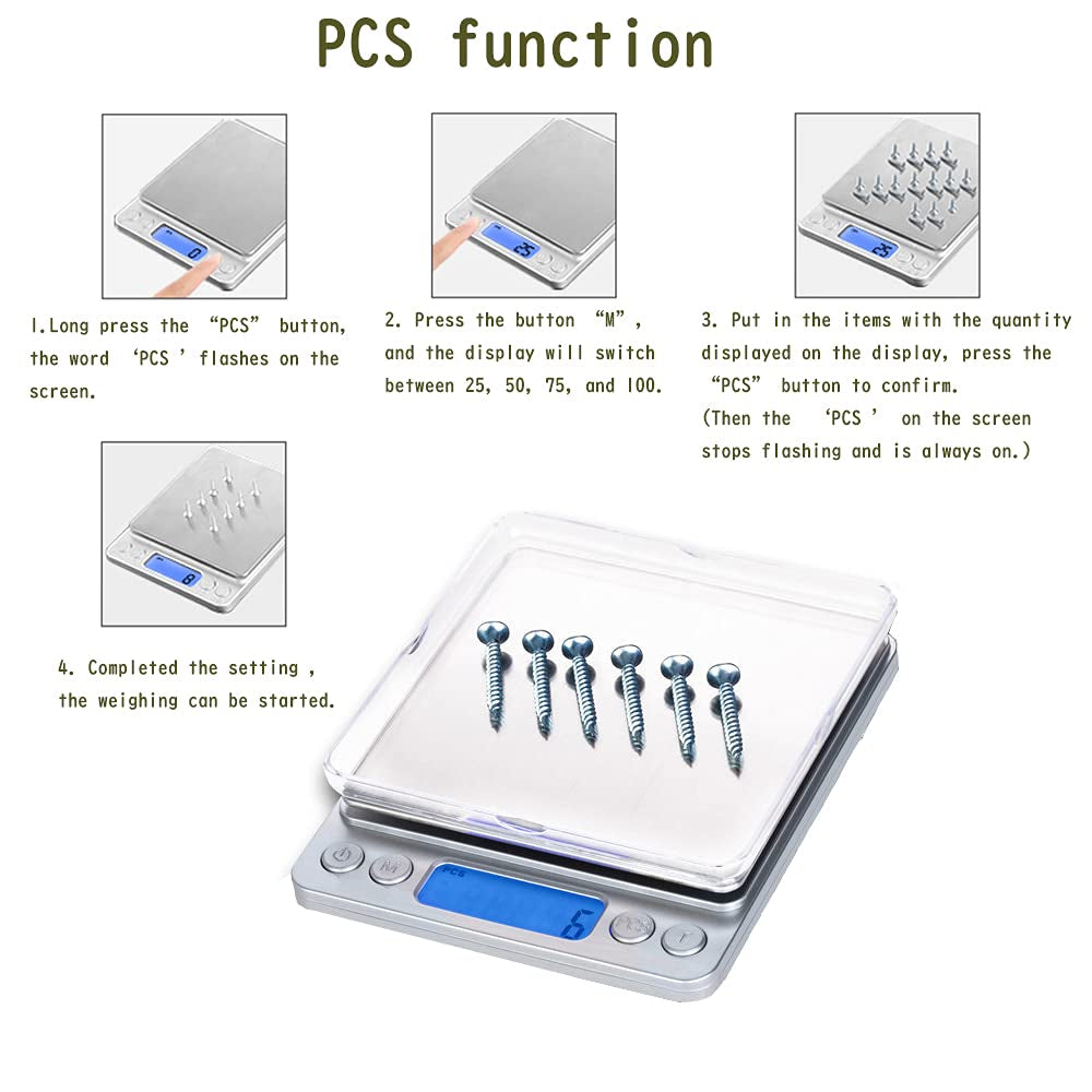 Small Digital Scale,3Kg/0.1G,6.6Lb,Kitchen Scale,Food Scale,With Blue Backlit LCD Display, 6 Units, Auto Off, Tare, PCS Function, Stainless Steel, Battery Included