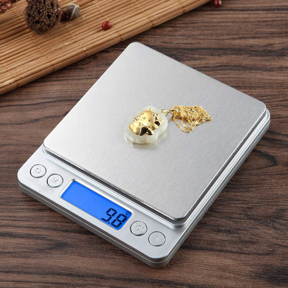 Small Digital Scale,3Kg/0.1G,6.6Lb,Kitchen Scale,Food Scale,With Blue Backlit LCD Display, 6 Units, Auto Off, Tare, PCS Function, Stainless Steel, Battery Included