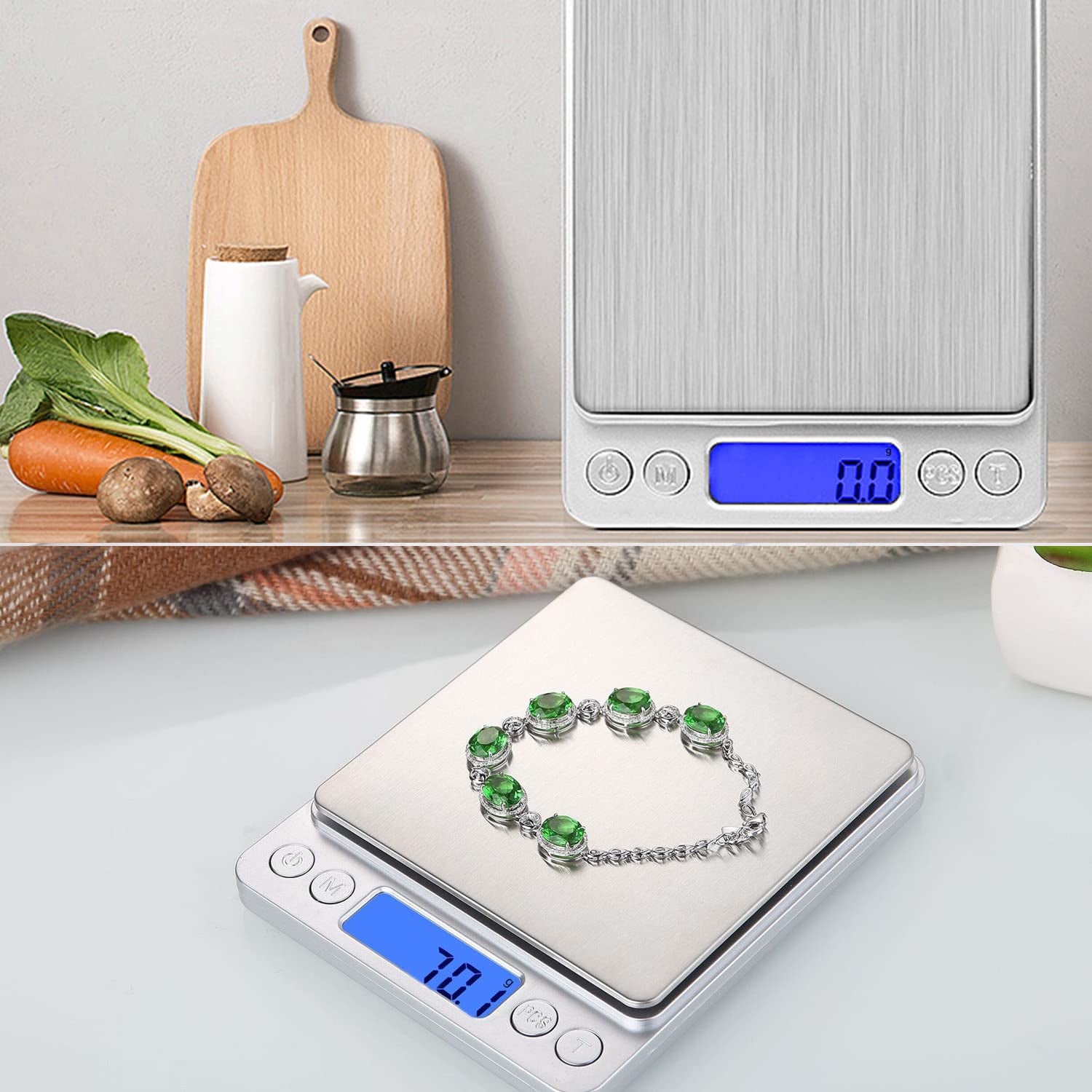 Small Digital Scale,3Kg/0.1G,6.6Lb,Kitchen Scale,Food Scale,With Blue Backlit LCD Display, 6 Units, Auto Off, Tare, PCS Function, Stainless Steel, Battery Included