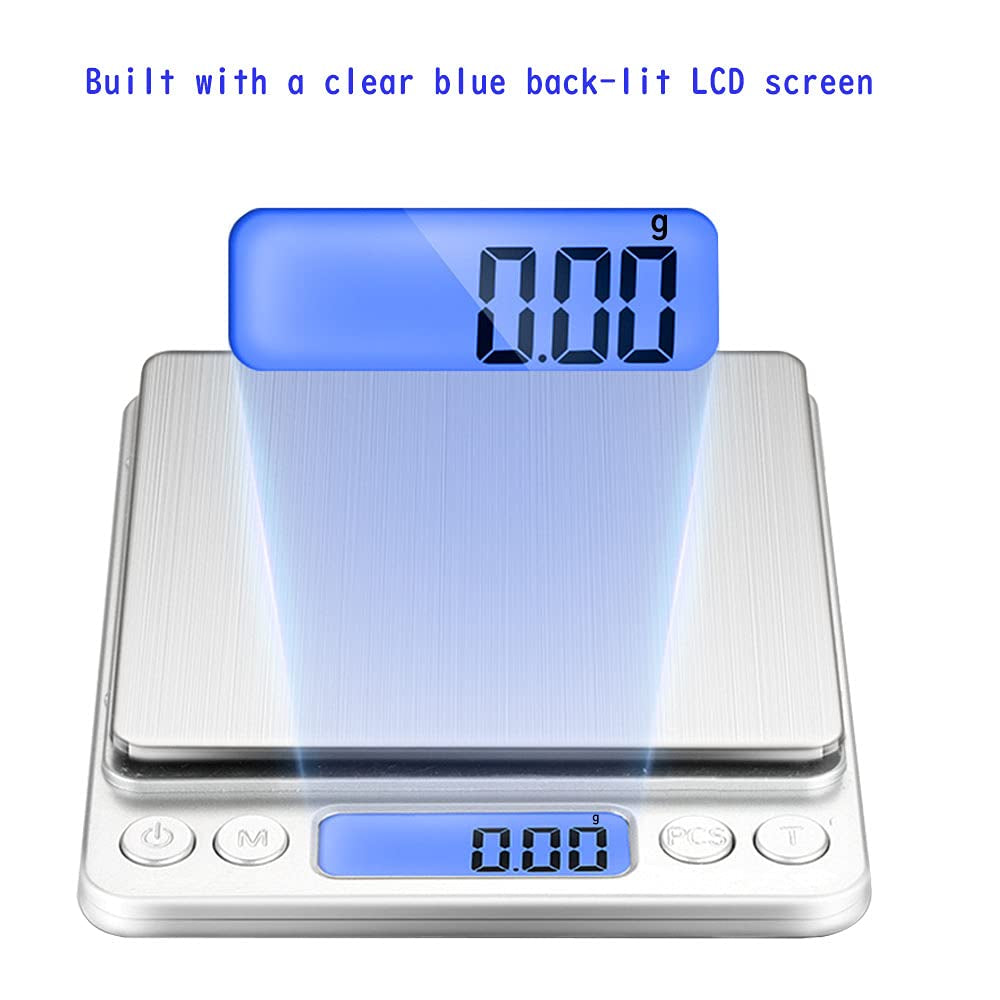 Small Digital Scale,3Kg/0.1G,6.6Lb,Kitchen Scale,Food Scale,With Blue Backlit LCD Display, 6 Units, Auto Off, Tare, PCS Function, Stainless Steel, Battery Included